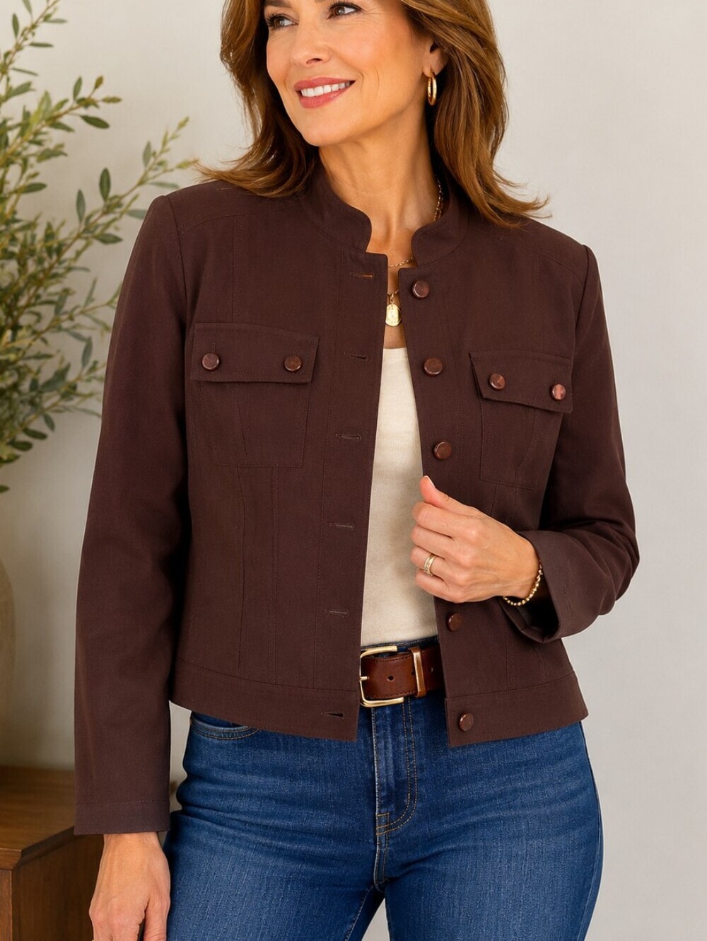 𝅺VTG SOUTHERN LADY 1980s Dark Brown Mandarin Collar Shacket Size 12